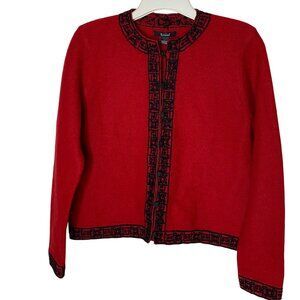 Vintage Rosanna L 100% Wool Cardigan Red Black Trim Button Front Old Money Prep